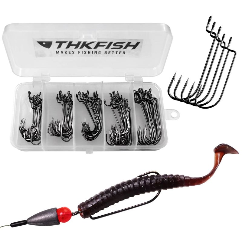 THKFISH 50pcs/Box Fishing Worm Hooks - EWG Offset, Round Bend, Wide Gap, Barbed Shank #2#1 1/0 2/0 3/0 - Image 5
